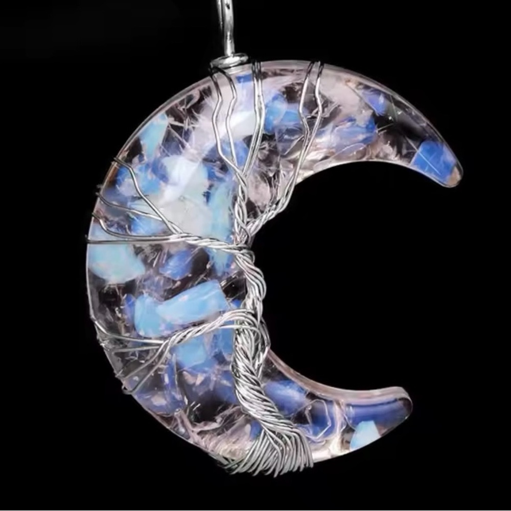 “Opal Crescent Moon” Tree of Life Crystal Chips Wire-Wrapped Stainless Necklace